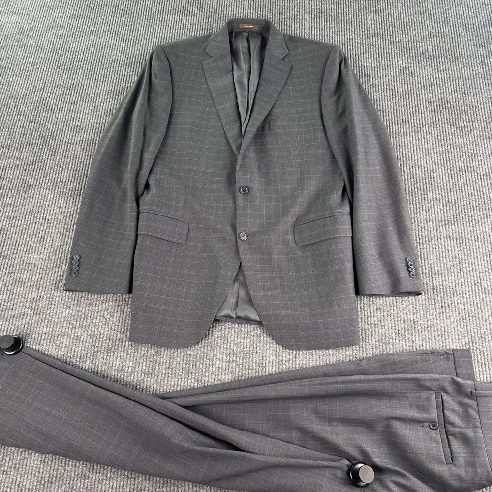 Peter Millar Suit 42L Gray Wool Windowpane Pleated Tailored 2 Piece 36x33 Set